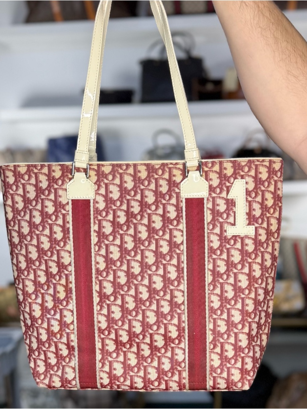 Dior Pink and Cream Oblique Canvas Tote with Number 1 Patch